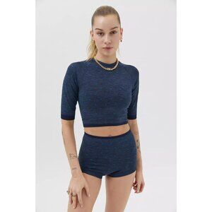 SPLITS59 Coco Navy Blue Polka Dot Seamless Jersey Cropped T-Shirt Top, Size S/M